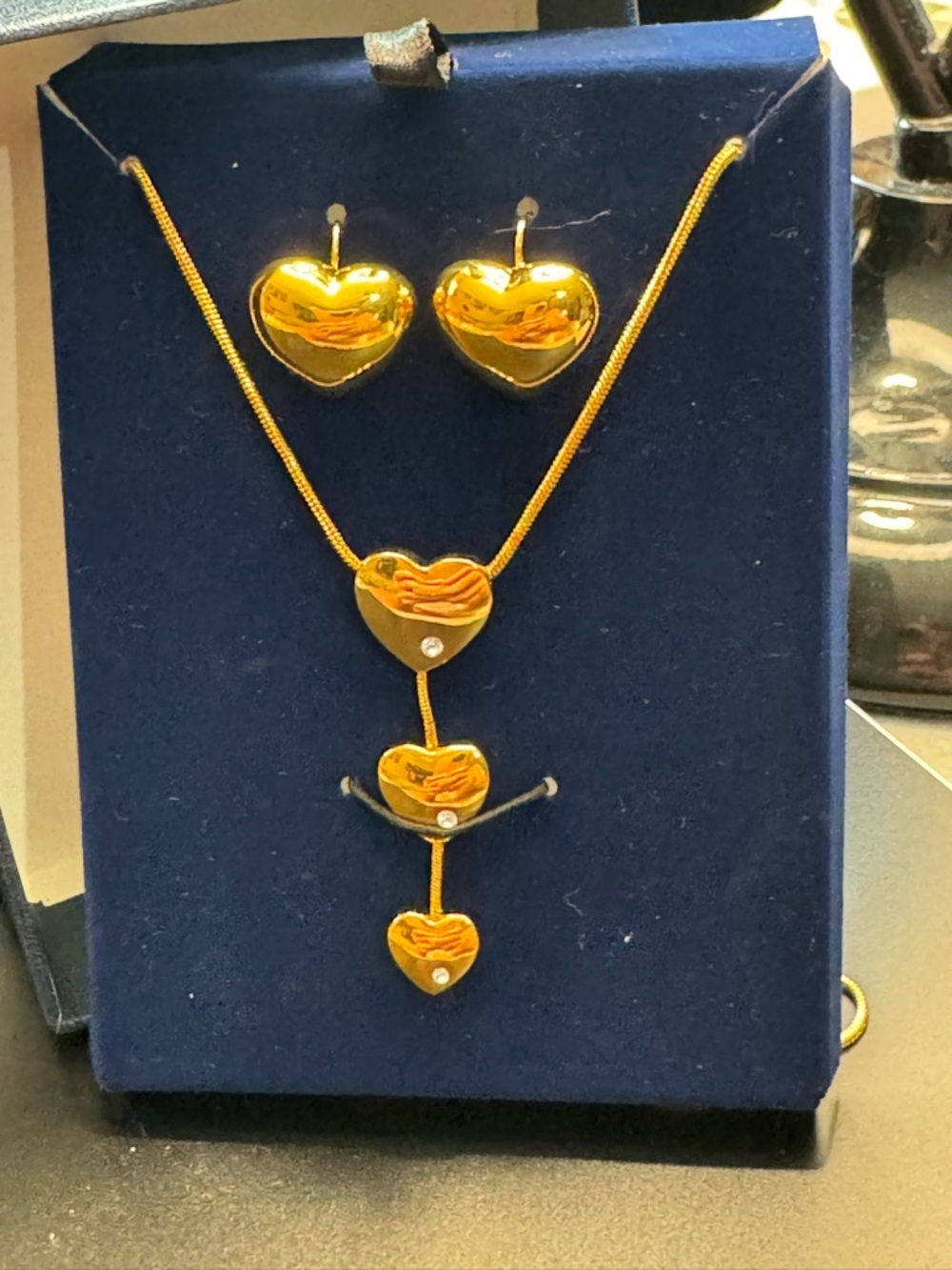 Gold Heart Pendant Necklace and Earring Set - Shiny Gold Finish